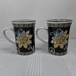 Vera Bradley x Andrea by‎ Sadek Yellow Birds Pattern Coffee / Tea Mugs Cups Lids